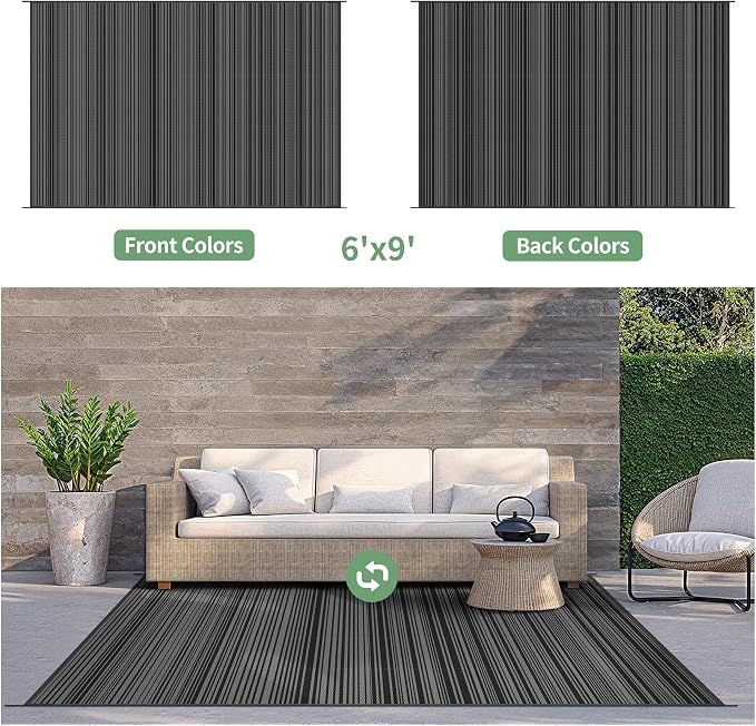 GENIMO Outdoor Rug for Patio Clearance, 6'x9' Reversible Plastic Straw Rugs, Lightweight Waterproof RV Camping Mat for Camper, Balcony, Deck, Backyard, Picnic, BlackGray