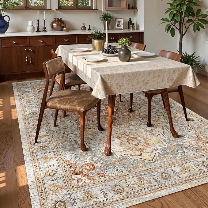 Washable Area Rug 4' x 6' Vintage Traditional Persian Mat - Foldable Distressed Non-Slip Machine Washable Carpet for Living Room Bedroom Kitchen Home Decor - Dove Gray and Coral
