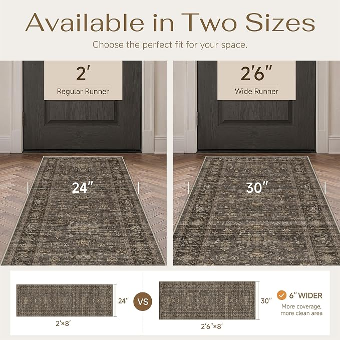 2'6x12 Dark Brown Vintage Runner Rug | Washable, Non Slip, Soft Low Pile, Traditional Farmhouse, for Hallway Kitchen Laundry Bathroom Bedroom