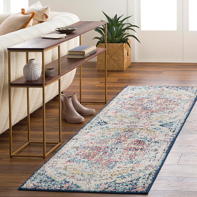 Livabliss Area Rugs - 3x7 Odelia Vintage Boho Aqua Burgandy Blue Runner Area Rug for Living Room Bedroom - Floral Medallion Stain Resistant Carpet for Kitchen, Nursery, Office (2'7" x 7'3", Runner)