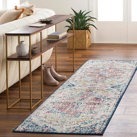 Livabliss Area Rugs - 3x7 Odelia Vintage Boho Aqua Burgandy Blue Runner Area Rug for Living Room Bedroom - Floral Medallion Stain Resistant Carpet for Kitchen, Nursery, Office (2'7" x 7'3", Runner)