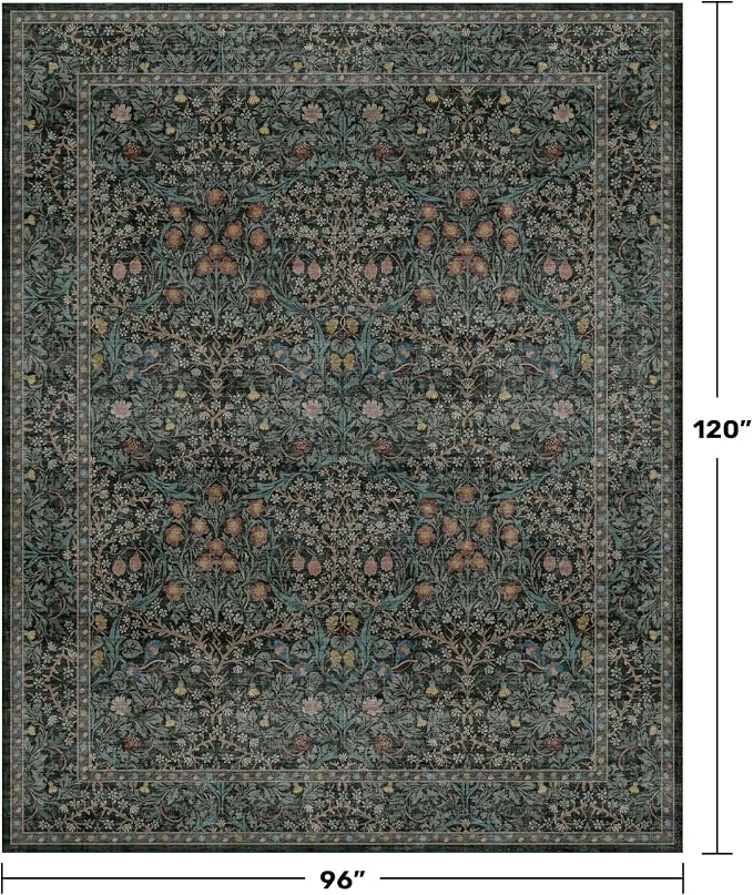 Vintage Dark Green Living Room Rug, 8x10 Washable Area Rugs for Dining Room Under Kitchen Table, Bedroom, Oriental Low Pile Stain Resistant Non-Slip Large Carpet (8x10 Dark Green)