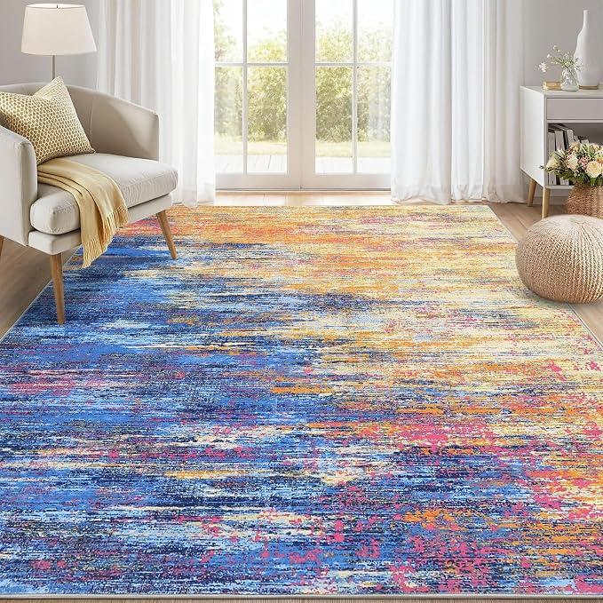 ROYHOME Modern Abstract Living Room Rug 10x13, Blue/Orange | Machine Washable Large Carpet, Non Slip Low Pile Rug, Ultra Soft Indoor Floor Carpet for Bedroom Dining Room Table Home Decor