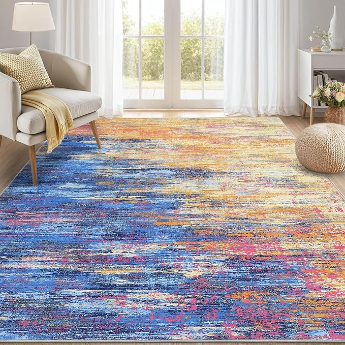 ROYHOME Modern Abstract Living Room Rug 8x10, Blue/Orange | Washable Area Rugs for Bedroom, Stain Resistant Non Slip Large Rug, Soft Indoor Carpet for Dining Room Table Home Decor
