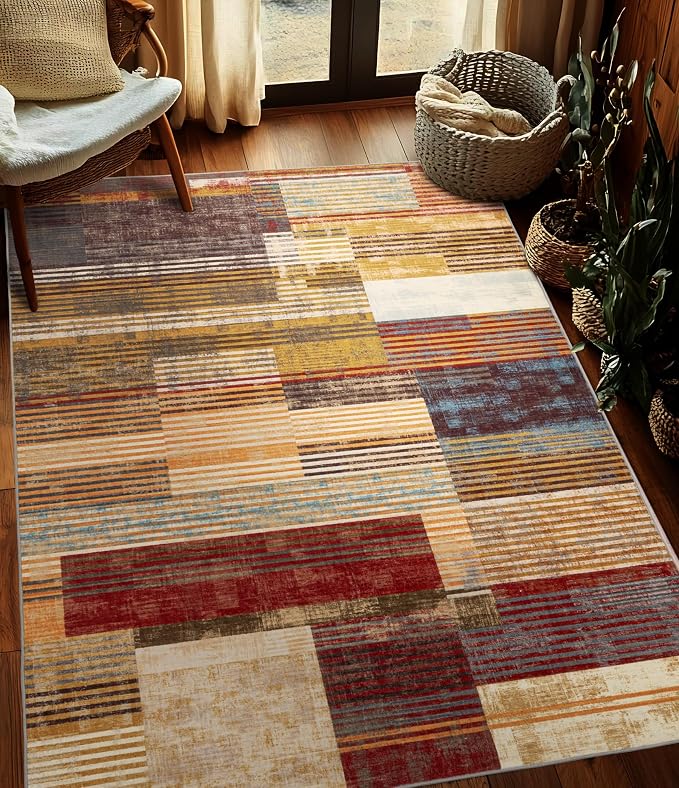 Brown Area Rug 4x6, Farmhouse Rugs Washable,Vintage Burgundy Carpets for Bedroom,Burnt Orange Area Rug Non Slip,Geometric Boho Rug for Kitchen,Dining Room