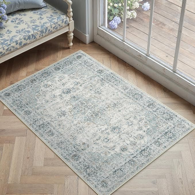 HUGEAR 2x3 Entryway Area Rug Retro Light Blue Small Rug Machine Washable Door Mat Vintage Floral Low Pile Carpet Distressed Throw Rug Entrance Kitchen Bedroom Non Slip Soft Lightweight