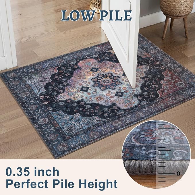 Tangsoo Vintage 2x3 Washable Rugs for Entryway, Non Slip Small Rug Blue | Oriental Indoor Front Door Rug, Boho Soft Low Pile Door Mat Small Carpet Throw Rugs for Entry Entrance Kitchen Bedroom Decor