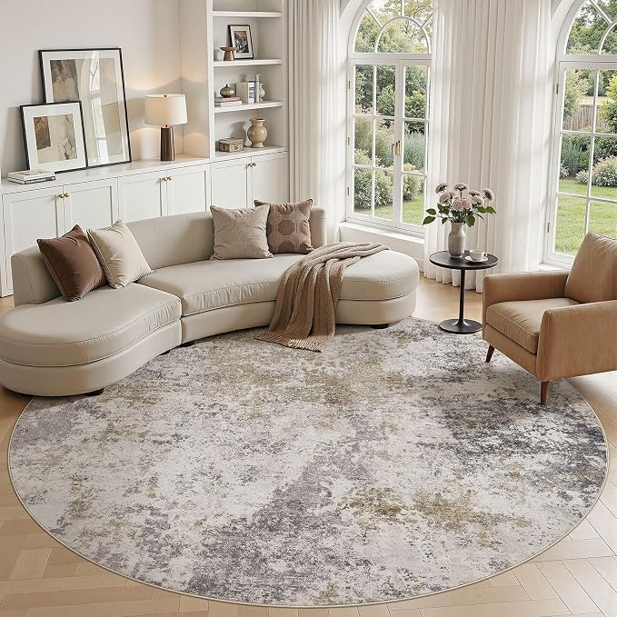 Nakagishi 8X8 Abstract Washable Area Rugs for Living Room-Brown Grey | Modern Non-Slip Silicone Backing Low Pile Soft Carpet for Bedroom Dining Decor Ideal for Families with Kids and Pets