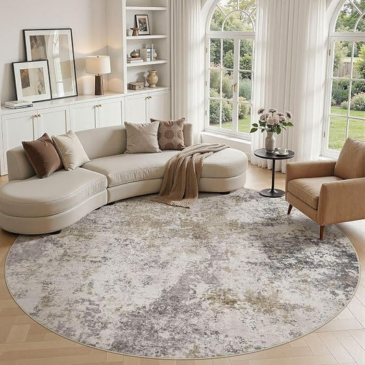 Nakagishi 8X8 Abstract Washable Area Rugs for Living Room-Brown Grey | Modern Non-Slip Silicone Backing Low Pile Soft Carpet for Bedroom Dining Decor Ideal for Families with Kids and Pets