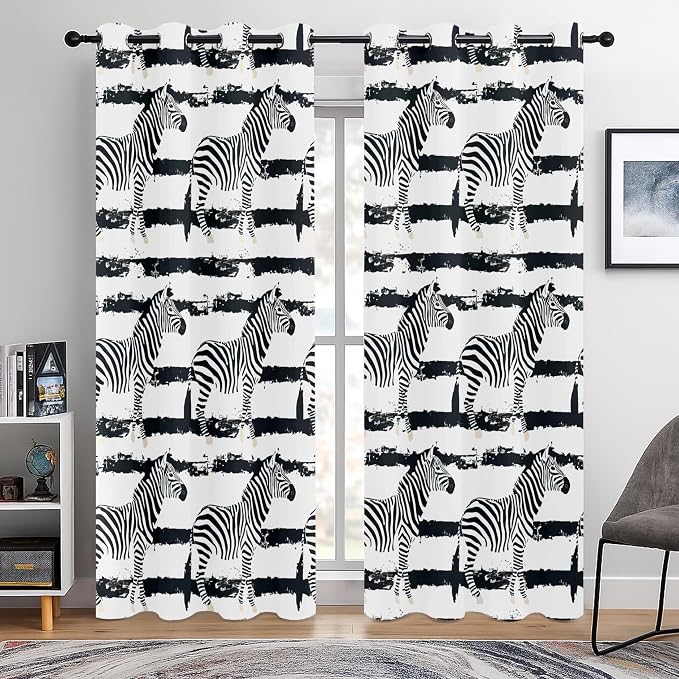 Black and White Zebra Print Blackout Curtains for Bedroom, Modern Animal Stripe Window Drapes, 100% Light Blocking Curtains for Living Room, Grommet Top 52 x 84 Inches, 2 Panels