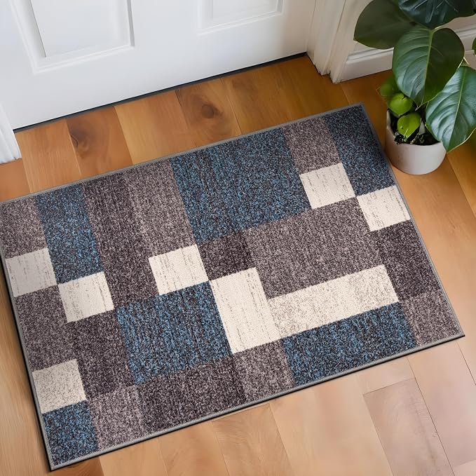 Rugshop Modern Boxes Non-Slip Living Room Kitchen Area Rug Blue 2'7" x 4' | Rectangular, Size 2'7" x 4', Bedroom, Dining Room, Home Office, Entryway, Hallway, Nursery, Kids Room, Guest Room, Bedside
