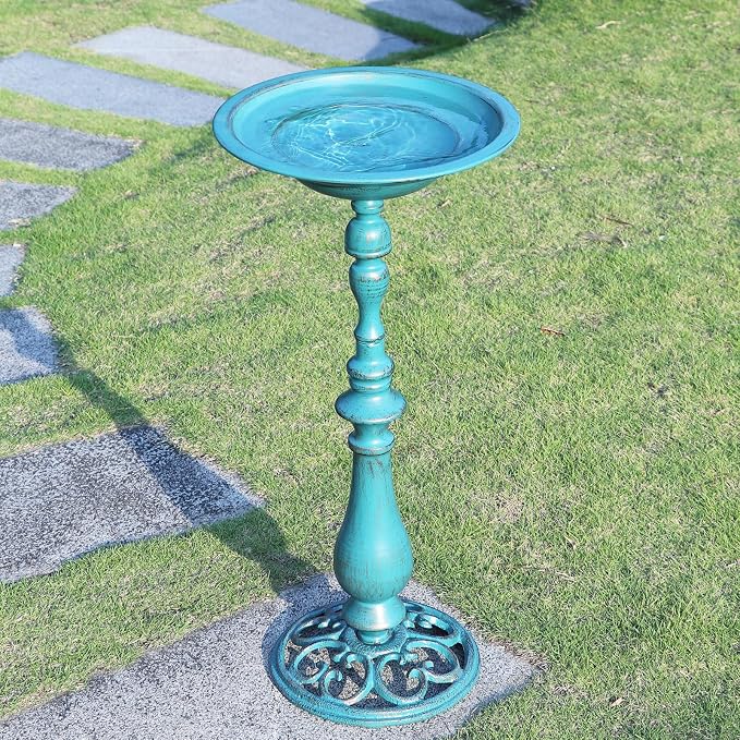 26.6"H Cast Iron Pedestal Bird Bath,Metal Birdbath for Outdoors (Blue) | Bird Bath for Outside,Tall Bird Baths,Bird Feeder Seed Tray for Garden Yard Decor