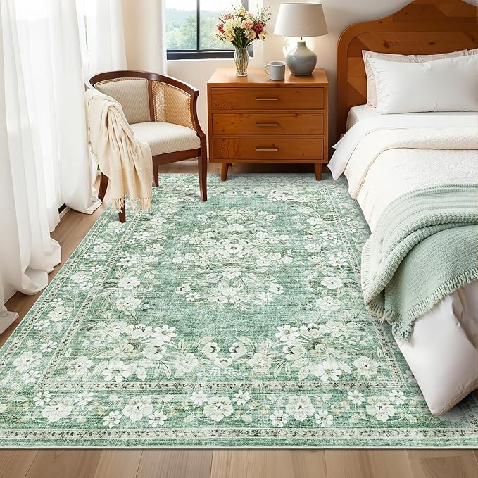 GarveeHome 4x6 Vintage Floral Rug for Living Room Flower Bordered Carpets | Machine Washable Boho Non-Slip Low Pile Botanical Accent Mats Floral Area Rugs for Dining Room Bedroom Office Green