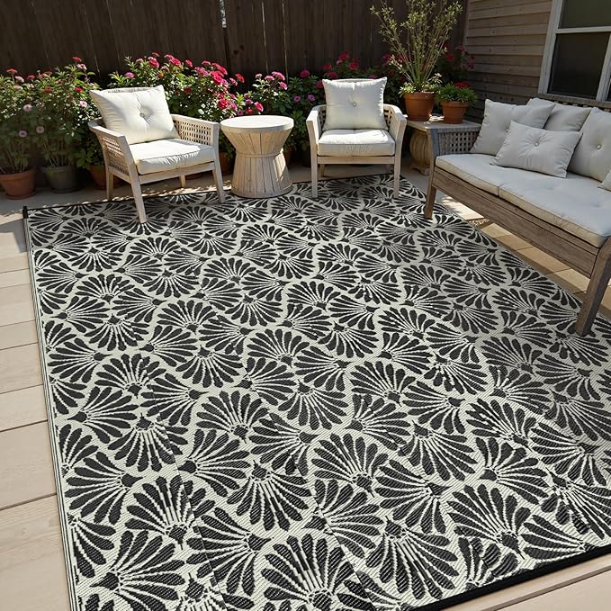 Lahome Outdoor Patio Rugs 8x10 Waterproof, Boho Outdoor Plastic Straw Rug for Porch, Stain Resistant Mats for Backyard Garden Deck Camping Outside, Black White,8'x10'