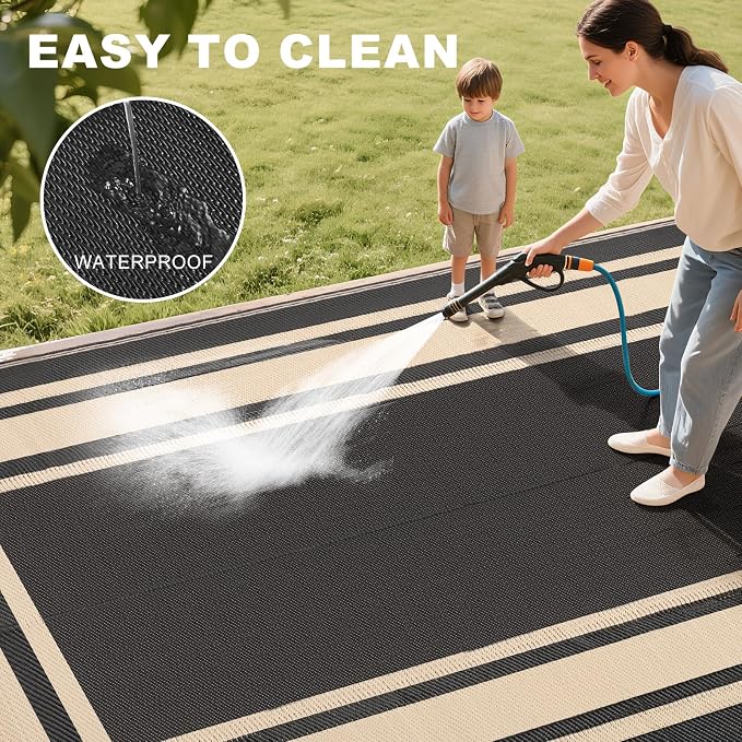 RURALITY Outdoor Rugs 5x8 Waterproof for Patios Clearance,Plastic Straw Mats for Backyard,Porch,Deck,Balcony,Reversible,Black and Beige