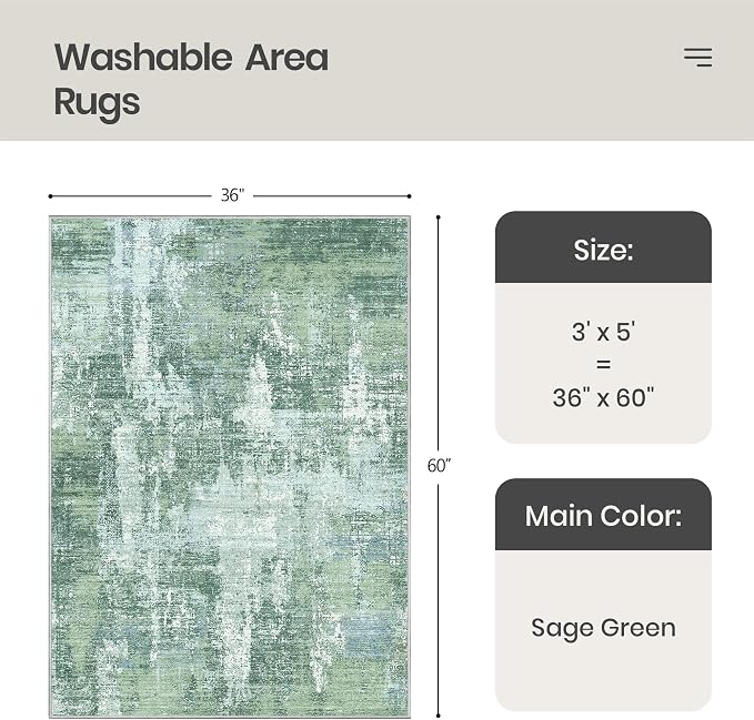 Valenrug 3x5 Rug, Abstract Washable Entryway Rug for Bedroom Sage Green | Soft & Lighweight, Folable, Stain Resistant Low Pile Thin Indoor Distressed Carpet Rugs for Living Room,Laundry Room,Kitchen