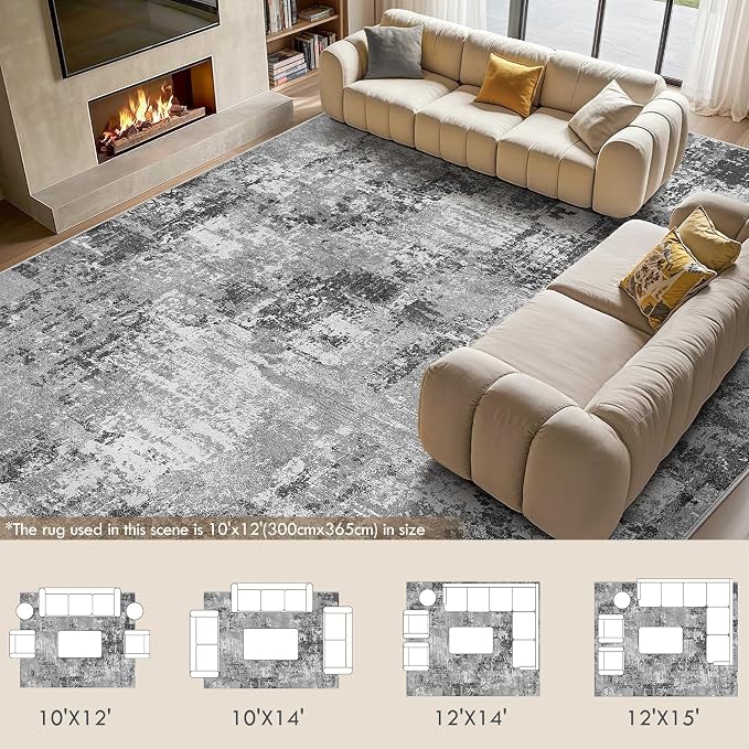 Tortania Washable 10x14 Area Rug for Living Room: Modern Abstract Neutral Large Soft Thin Rugs - Non Slip Indoor Carpet for Bedroom Dining Room Office Nursery Home Floor Decoration - Grey