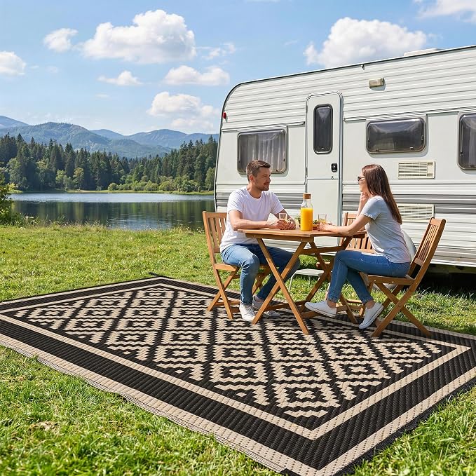 Kohree RV Outdoor Rug 9x12 Reversible, Waterproof Patio Mat with 4 Stakes & UV Fade Resistant, Non-Slip Outdoor Camping Mat for Deck, Picnic, Backyard, Includes Carry Bag (Black & Brown)