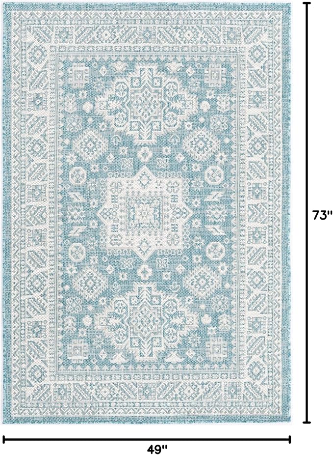 Unique Loom Outdoor Aztec Collection Area Rug - Chalca (4' 1" x 6' 1" Rectangle, Aqua/ Ivory)