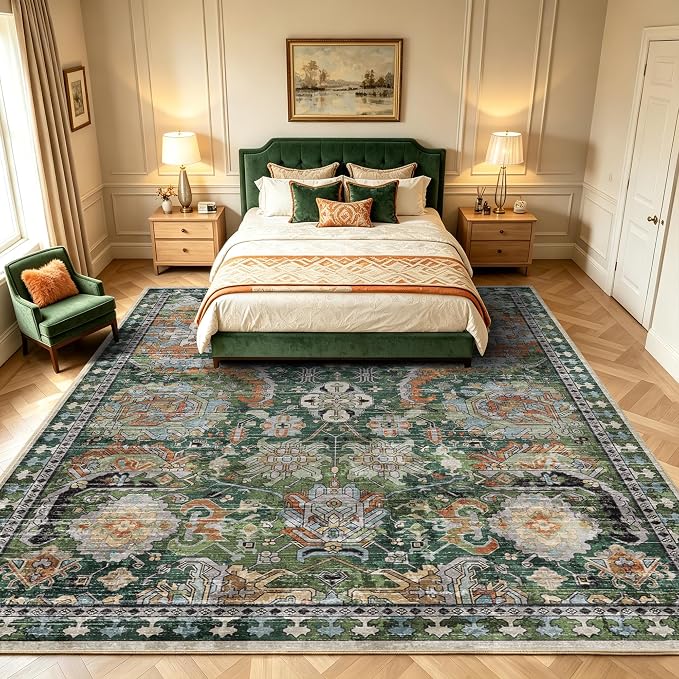 Washable Area Rugs - Perfect for Living Room, Bedroom, Kids Room, Nursery - Stain & Water Resistant Non-Slip, Pet & Child Friendly, Vintage Tribal Area Rugs (Green, 9' x 12')