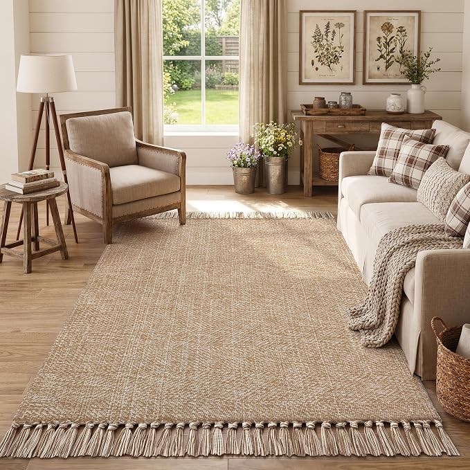 4' x 6' Hand Woven Bedroom Area Rug, Boho Indoor Outdoor Rugs | Tan Modern Farmhouse Living Room Rug, Comfy Jute Bedside Mats, Reversible Braided Dining Room Carpet for Nursery Room Patio
