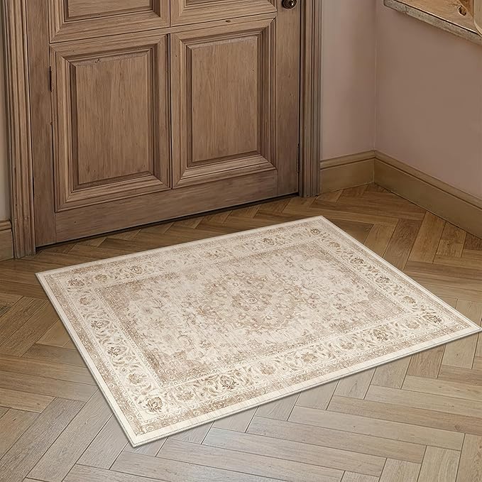 2x3 Beige Washable Area Rug Non Slip Vintage Carpet | Low Pile, Stain Resistant, Living Room, Kitchen, Bedroom, Entryway, Nursery, Laundry Room, Soft, Thin, Lightweight