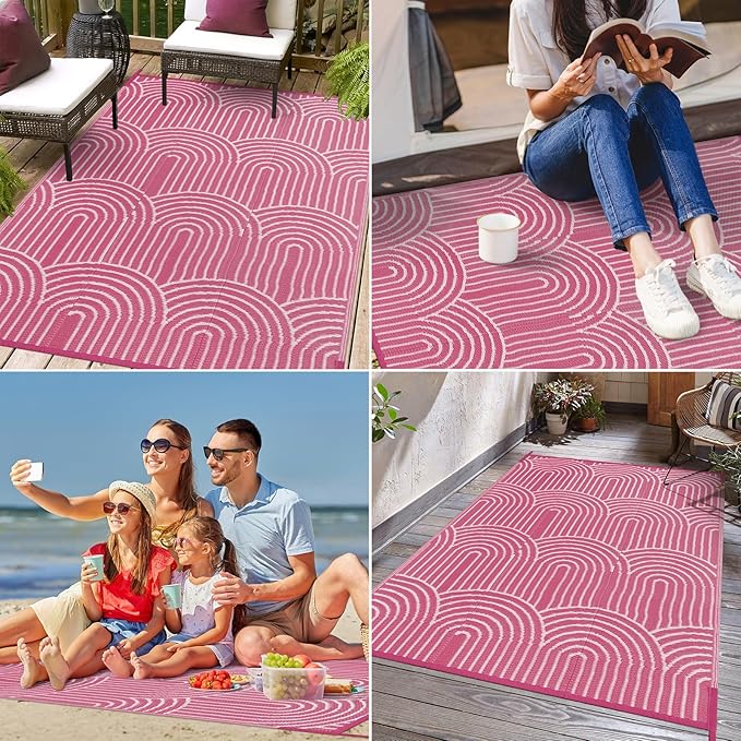 Lahome Deck Rugs Outdoor Waterproof 6x9 Patio Outside Rug, Plastic Straw Rug Reversible Rv Mat,Large Porch Floor Area Rug,Portable Camping Carpet for Balcony Tent (Rainbow Pink, 6'x9')