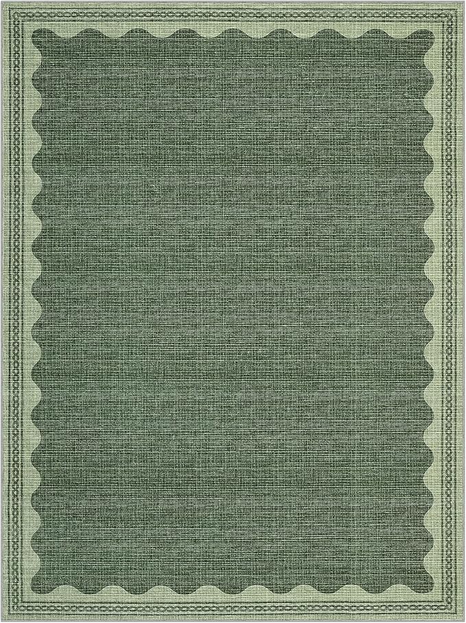 8x10 Scalloped Area Rugs Green Washable Living Room Bedroom Rug | Solid Tan Rug for Bedroom Girls, Non Slip Throw Carpet With Rubber Back, Soft Dorm Nursery Scalloped Rugs for Dining Room