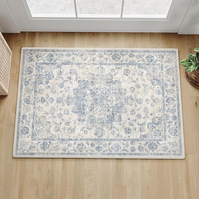 2x3 Blue Neutral Area Rug | Washable, Non Slip, Soft Low Pile, Vintage Farmhouse, for Entryway Kitchen Bathroom Living Room Bedroom Indoor Home Decor