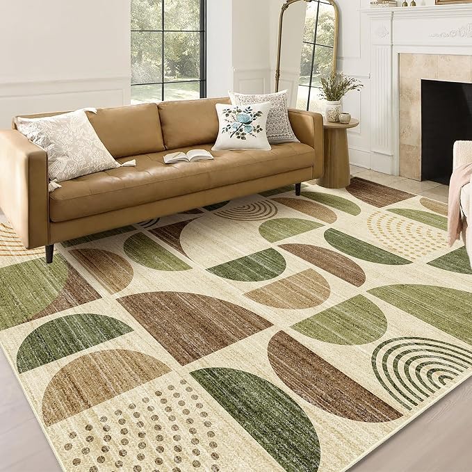 5x7 Area Rugs Washable,Boho Rugs Non Slip Modern Abstract Large | Throw Carpet for Living Room Bedroom Dining Room Soft Low Pile Floor Indoor Bohemian Vintage Green and Brown