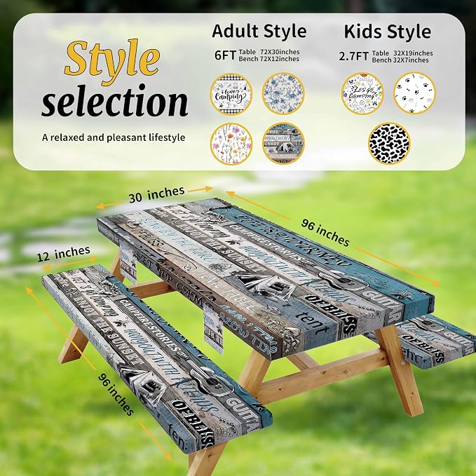 Picnic Table Cover with Bench Covers Elastic,Fitted Table Cloths for Rectangle Tables 6 Foot Washable,Waterproof Tablecloth for Outdoor Camping Essentials (Vintage Blue, 8 Foot)