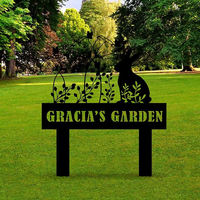 Custom Metal Rabbit and Flower Garden Stake, Bunny Metal Garden Sign, Personalized Easter Rabbit with Flower Sign, Farm Animal Sign, Pet Grave Marker, Rabbit Sympathy Gift, Pet Loss, Remembrance Stake