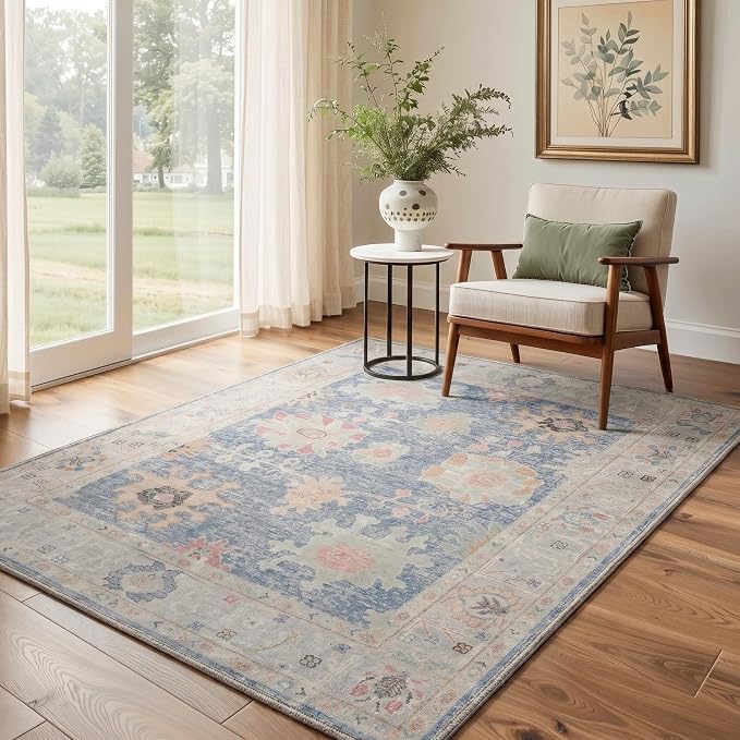 2x3 Doormat, Vintage Floral Washable Non Slip Area Rug for Entrance | Vintage Floral Soft Low Pile Boho Small Rug for Entryway Bedside Kitchen, Stain Resistant Easy Care Indoor Rug, Dusty Blue