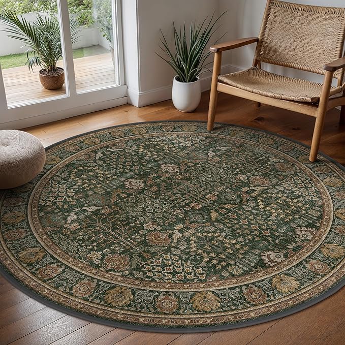 5ft Round Area Rug 5x5, Washable Non Slip, Dark Green Brown | Vintage Floral, Spill Resistant, Lightweight Low Pile Non-Shedding Carpet for Bedroom, Nursery and Dining Room