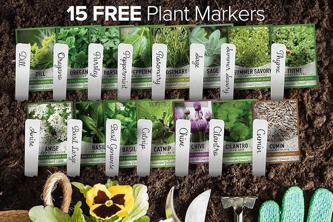 Gardeners Basics, 15 Herb Seeds for Planting Varieties Heirloom Non-GMO 5200+ Seeds Indoors, Hydroponics, Outdoors - Basil, Catnip, Chive, Cilantro, Oregano, Parsley, Peppermint, Rosemary and More