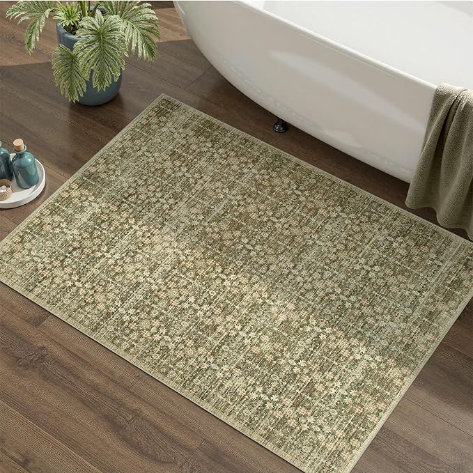 DCX 2x3 Neutral Rug, Kid & Pet Friendly with Rubber Back Non Slip, Machine Washable Stain Resistant Olive Green Floral Rug for Living Room, Bedroom, Soft Low Pile Large Nursery Carpet