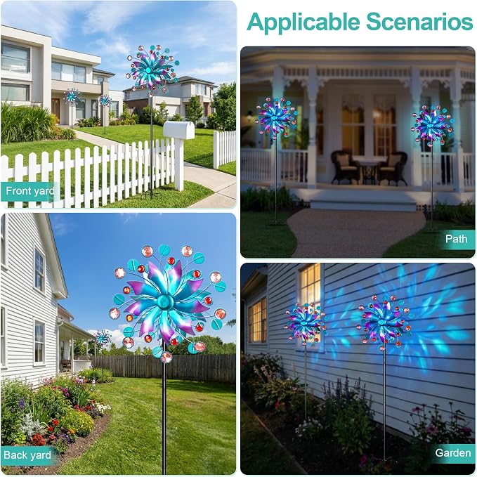 360°Solar Wind Spinner with Lights Blue Metal Garden Outdoor Decor Yard Lawn Art Decor for Patio Kinetic Windmills Unique Gifts for Friends and Family 60.63'' H x 13.38'' Dia