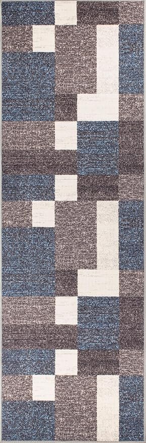 Rugshop Modern Boxes Non-Slip Living Room Kitchen Runner Rug Blue 2'7" x 8' | Rectangular, Size 2'7" x 8', Bedroom, Dining Room, Home Office, Entryway, Hallway, Nursery, Kids Room, Guest Room