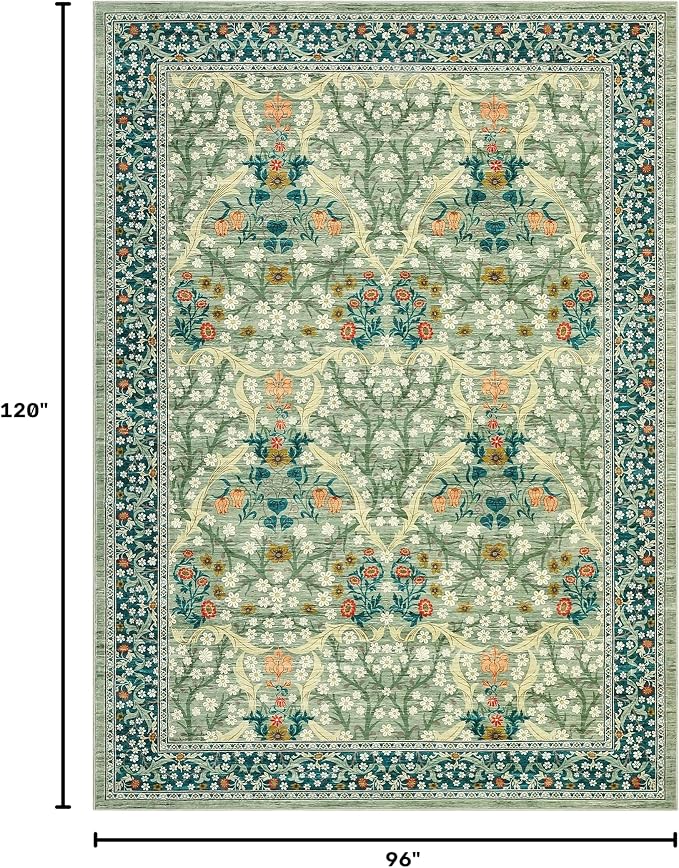 GarveeHome Sage Green Floral 8x10 Washable Area Rug Living Room Bedroom | Vintage Washable Low-Pile Non-Slip Carpet Soft Stain Resistant Rugs for Large Room Botanical Boho Rug TPE Backing