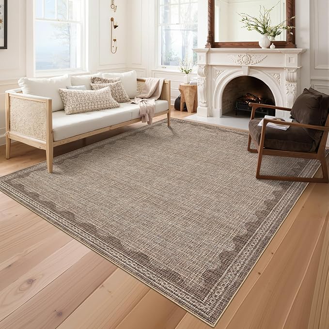 Garvee Modern Bordered Rugs for Living Room 8x10 Large Washable Rug Coffee | Non Slip Low Pile Soft Carpet Foldable Non Shedding Stain Resistant Floor Cover for Bedroom Playroom Nursery Office Dorm