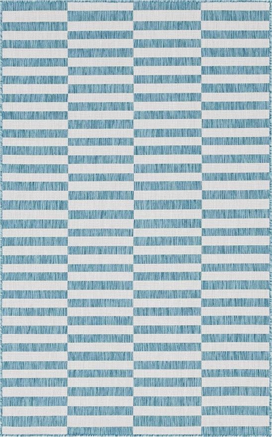 Unique Loom Outdoor Striped Collection Area Rug - Striped (5' 1" x 8' Rectangle, Light Aqua/Ivory)