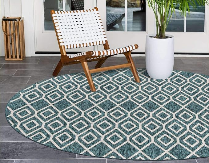 Jill Zarin Outdoor Collection Area Rug - Turks and Caicos (6' 7" Round Teal/Ivory)