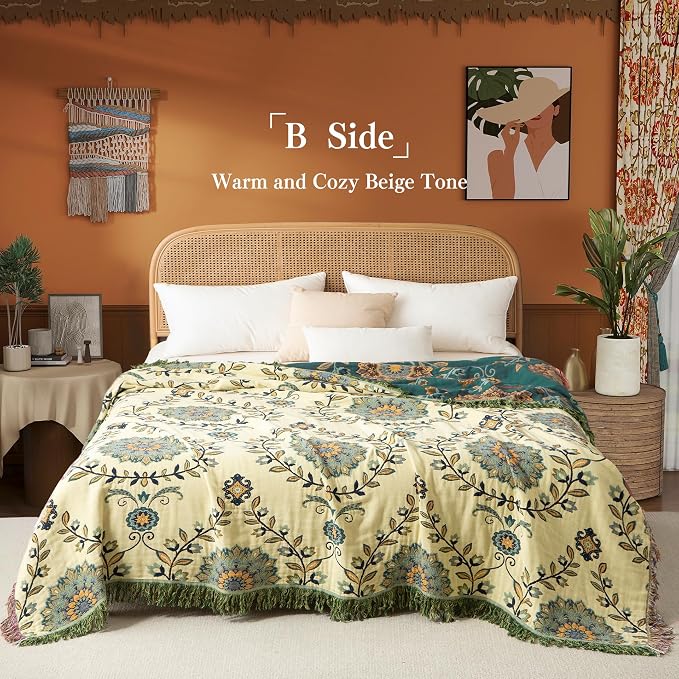 Phuryllic Boho Throw Blanket Twin Size, Soft Cozy Cotton Muslin Quilt Blanket for Bed Decor, Floral Patterned Couch Sofa Chair Cover, Vintage Farmhouse Cottage Tapestry Woven Blanket, Green&Beige