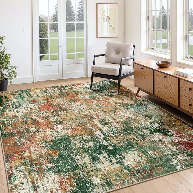 RELEANY Washable 4'x6' Abstract Area Rug for Living Room Green Multi | Carpet for Bedroom, Kitchen, Office, Hallway and Entryway, Printed Pattern, Non‑Slip, Soft, Stain‑Resistant, Easy to Clean