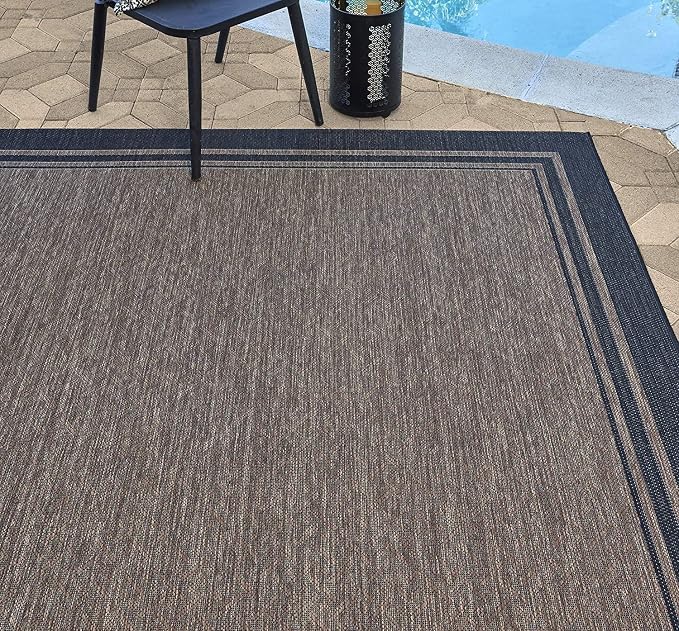 Gertmenian Indoor/Outdoor Flatweave Area Rug - 9x13 Extra Large, Stain & UV Resistant, Ideal For Deck, Patio, Poolside, Mudroom - Simple Border, Black/Nut Brown, 21993