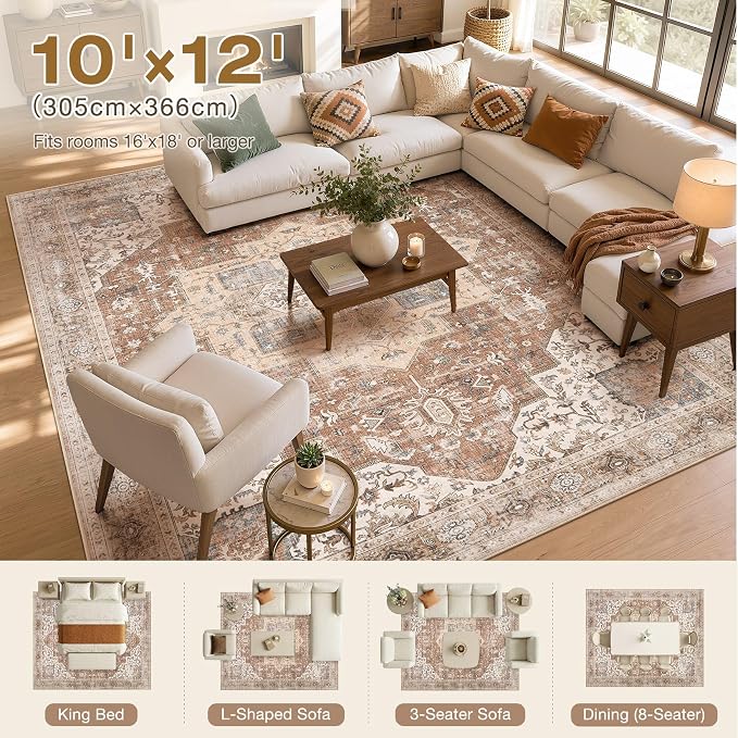 DTICON Vintage Washable 10x12 Area Rug Living Room Rugs, Brick Red | Boho Distressed, Pet & Kid Friendly, Non-Slip Backing, Soft Polyester, Low-pile Carpet for Living Room, Bedroom, Dining Room