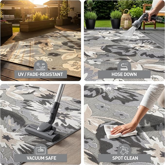 Rugshop Bergamo Contemporary Floral Non-Shedding Easy Cleaning Patio Deck Backyard Indoor/Outdoor Area Rug 5' x 7' Gray