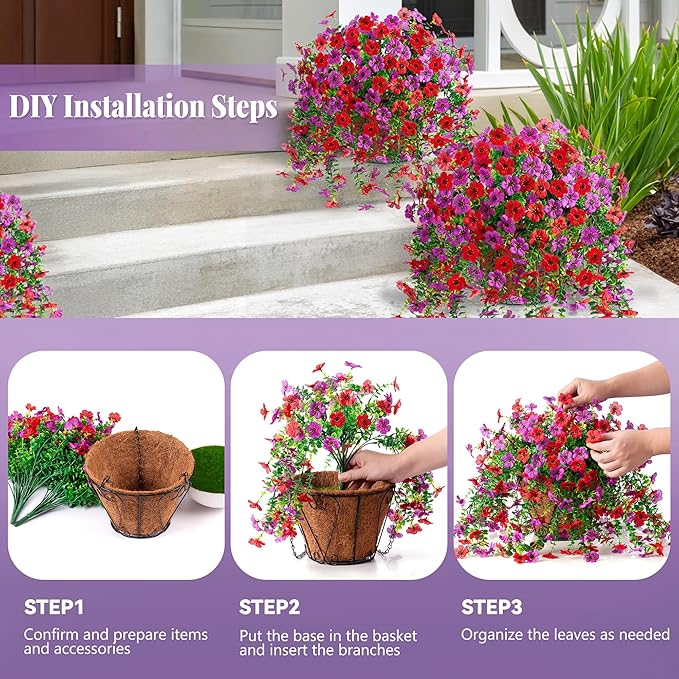 Artificial Fake Hanging Flowers Plants with Basket Spring Outdoor Decor,Faux Silk Flowers with Eucalyptus in Planter No Fade Flower in Basket for Farmhouse Home Garden Porch Patio Balcony(Red Purple)