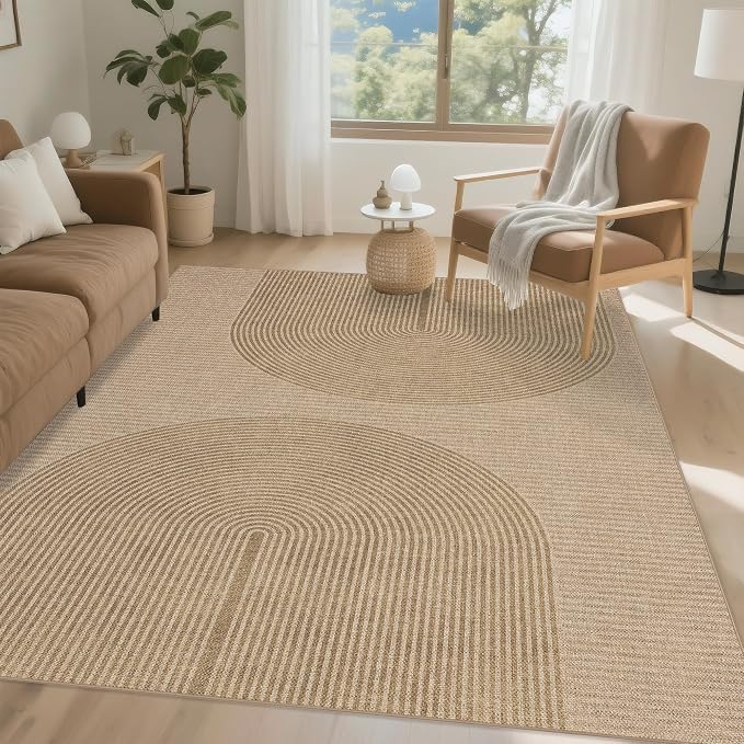 Easy Jute Rug 8x10 Outdoor: Natural Area Rugs for Patio Linen-Look Durable - Neutral Large Washable Carpet for Living Room Bedroom Dining Room Non-Slip - Geometric Arch Pattern