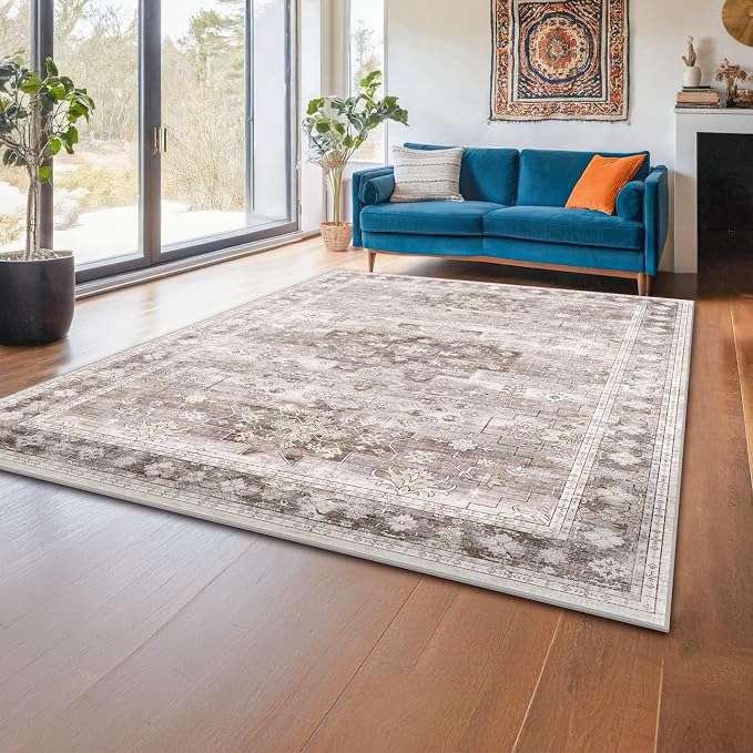 Washable Neutral Farmhouse Living Room Rug, 5x7 Area Rugs for Bedroom, Nursery Room, Boho Vintage Floral Non-Slip Rug Low Pile Stain Resistant (5x7 Beige/Latte)